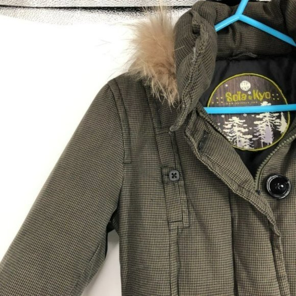 Soia  &  Kyo green brown houndstooth parka  fur trim hood XXS - Picture 3 of 7